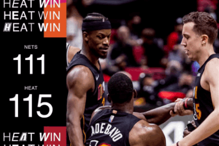 NBA战报：阿德巴约19+14 欧文29+5+5 热火115-111篮网