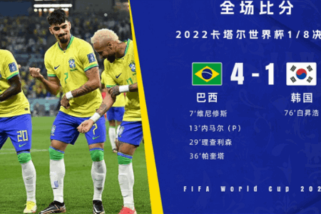 世界杯-巴西4-1轻取韩国进8强 内马尔维尼修斯传射理查利森破门