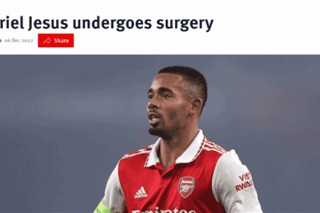 阿森纳官方：热苏斯已接受右膝手术，预计缺席三个月