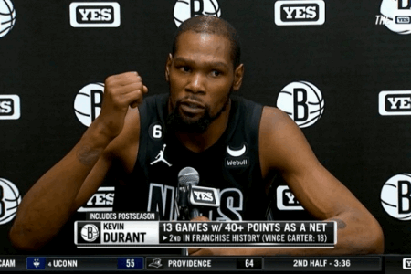 杜兰特篮网生涯第13次砍40+ 超欧文成队史第二多 仅次于卡特