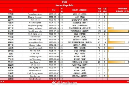 韩国队23人名单总身价1.29亿欧元，平均年龄28.5岁