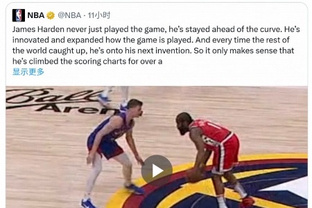 本人转发！NBA官方：哈登走在篮球潮流前沿 不断创新打法