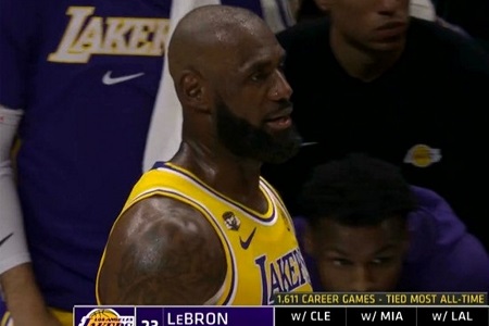 詹姆斯出场数第一！骑士849场+热火294场+湖人468场